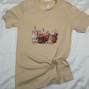Bella Canvas Beige Graphic Tee with Coffee Cups and Floral Accents